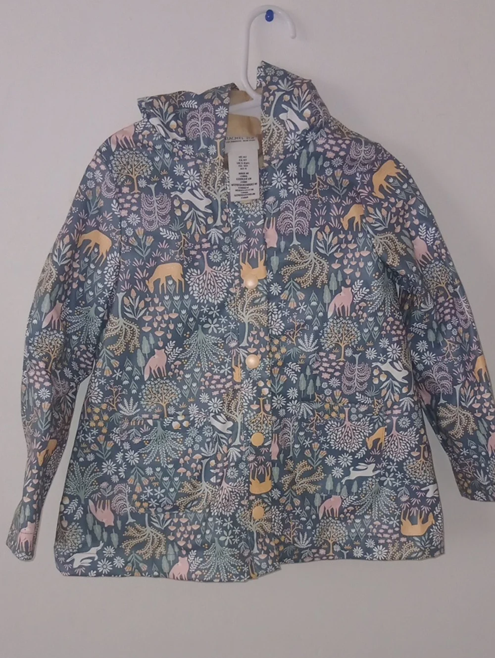Rachel Zoe Girls' Hooded Raincoat in Navy with Pink & Yellow Woodland Print